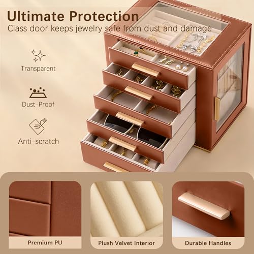 Homeanda Jewelry Boxes with Glass Lid, 5-Layer Large PU Leather, Brown - color: Brown, size: 5 Layer