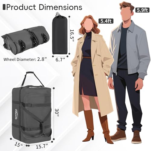 120L Foldable Rolling Duffel Bag with 3 Wheels and Handle (30 inch) - color: Grey