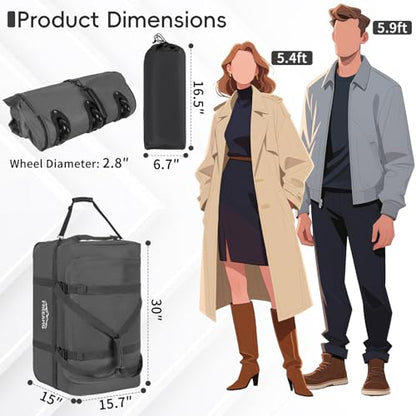 120L Foldable Rolling Duffel Bag with 3 Wheels and Handle (30 inch) - color: Grey