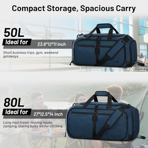 MIER Packable Travel Duffle Bag with Shoe Compartment, 50L, Drak Blue - color: Drak Blue, size: 50L