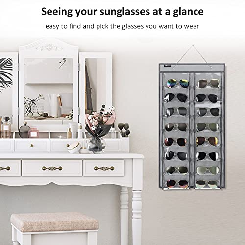 Over the Door Hanging Sunglasses Organizer Storage Sunglass Rack Holder Eyewear Display Case with 16 Clear Dust Proof Pockets (16 Pockets-Grey) - color: 16 Pockets-Grey