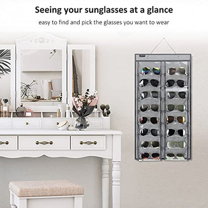 Over the Door Hanging Sunglasses Organizer Storage Sunglass Rack Holder Eyewear Display Case with 16 Clear Dust Proof Pockets (16 Pockets-Grey) - color: 16 Pockets-Grey