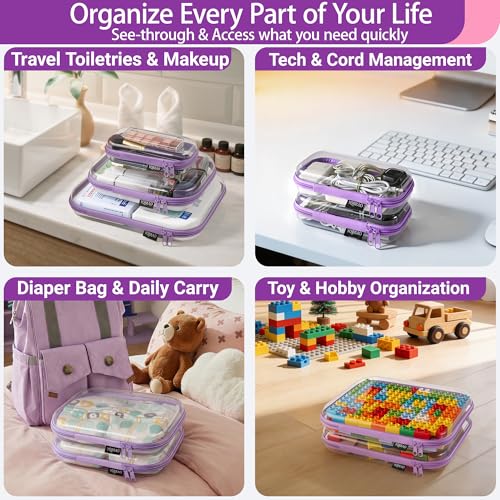 YQBRAO Clear Hard Shell Zipper Cases, 4 Medium Makeup Organizers, Purple - color: Purple, size: 4 Pack(M)