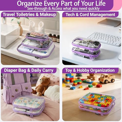 YQBRAO Clear Hard Shell Zipper Cases, 4 Medium Makeup Organizers, Purple - color: Purple, size: 4 Pack(M)