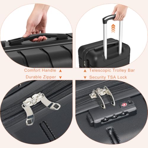 Sweetcrispy 20 Inch Carry On Luggage, Suitcase with Spinner Wheels - color: Black, size: 20 Inch