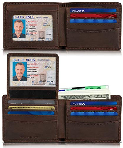 SERMAN BRANDS 2 ID Window Wallet for Men RFID Blocking Leather, Bifold Top Flip, Extra Capacity Travel Wallet - color: A. Texas Brown Executive