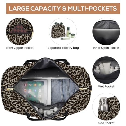 Travel Weekender Bags for Women: Duffel Bag with Shoe Compartment Overnight - color: 32-Brown Leopard Print, size: 40L-Large