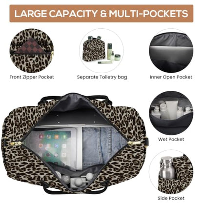 Travel Weekender Bags for Women: Duffel Bag with Shoe Compartment Overnight - color: 32-Brown Leopard Print, size: 40L-Large