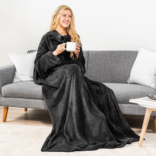 PAVILIA Blanket with Sleeves for Adult Women Men, Soft Warm Wearable Blanket Fleece Wrap Throw, Robe Blanket Gift - color: Black