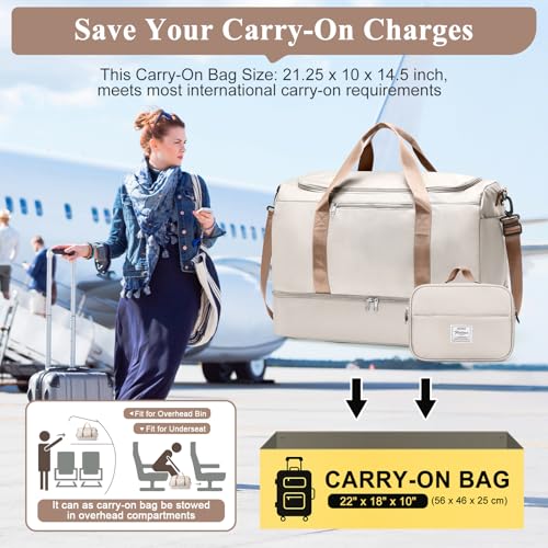 Extra Large Travel Duffel Bag, Carry-On Weekender Bags for Women Travel - color: Beige & Brown with Toiletry Bag, size: Extra Large