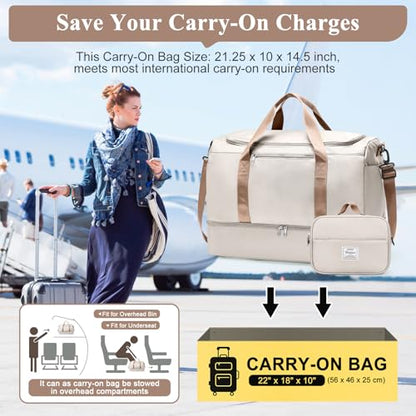 Extra Large Travel Duffel Bag, Carry-On Weekender Bags for Women Travel - color: Beige & Brown with Toiletry Bag, size: Extra Large