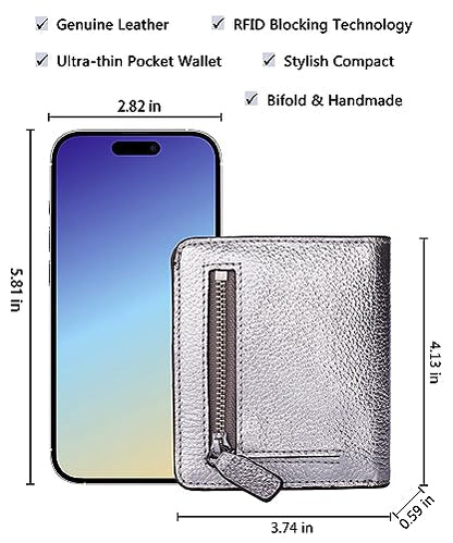 Small Leather Wallet for Women, Ladies Credit Card Holder RFID Blocking Women's Mini Bifold Pocket Purse - color: Silver Rfid Blocking