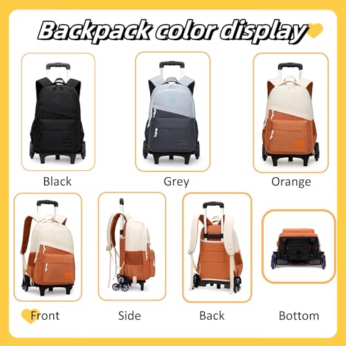 Mfikaryi Rolling Backpack, Kids Wheeled Backpack with 6 Wheels, Adjustable, Black - color: A-6 Wheels-black-b, size: 6 Wheels