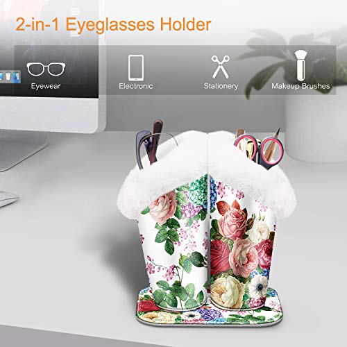 FINTIE Plush Lined Double Eyeglasses Holder with Magnetic Base for Desk - color: Flower Festival