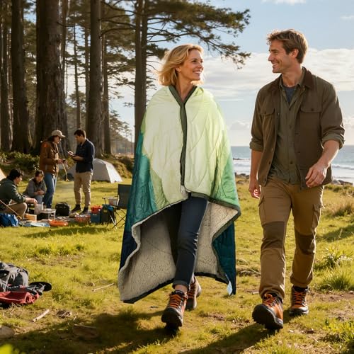 Large Camping Blanket with Sherpa Lining 78"x 56" - color: Green Mountain, size: 78 x 56 inches-Sherpa