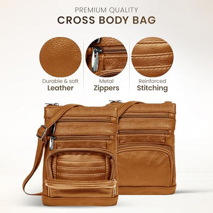 Krediz leather Crossbody Purses for Women, Multi Pocket Crossbody Purse with Adjustable Strap, Soft & Durable Leather Purse - color: Light Brown, size: Standard