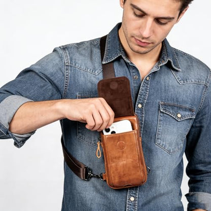 Small Crossbody Bag for Men Women - Genuine Leather Mini Sling Bag with Charging Port - color: Brown