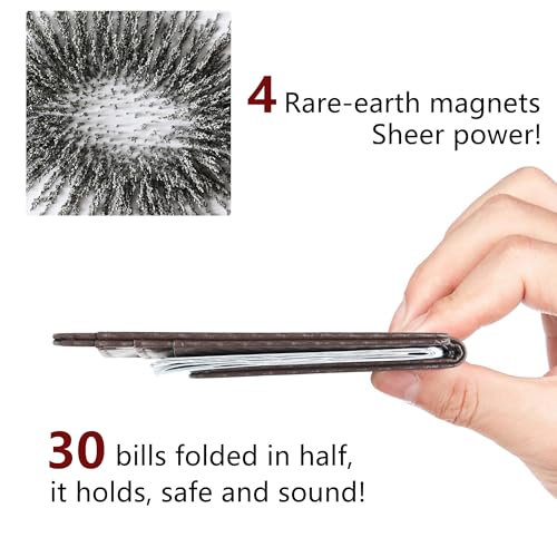 Toughergun Slim Wallet for Men RFID Blocking Money Clip, Minimalist Front Pocket Credit Card Holder, Magnetic Thin Mens Wallets with ID Window - color: Glossy Weave Brown