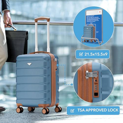 Flight Knight 21.5x15.5x9 Expandable Carry On Suitcase Hardside TSA Lock & USB C Port Lightweight Luggage Silent Double Spinner Wheels Maximum Canada Air Overhead Bag Airlines Approved Blue/Tan - color: Blue/Tan, size: 21.5x15.5x9"