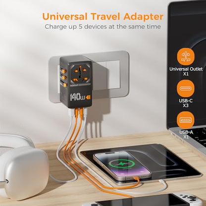 TESSAN Universal Travel Adapter, 140W GaN, Black - color: Black&Orange-140W