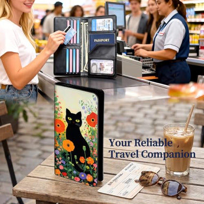 Passport Wallet for Women,Travel Wallet Passport Holder RFID Blocking - color: Black Cat Wildflower