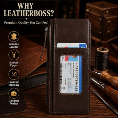 Leatherboss Genuine Leather Women's All in One Credit Business Card Case Holder Slim Zipper Wallet With a Card Protection Strap, Brown - color: Brown