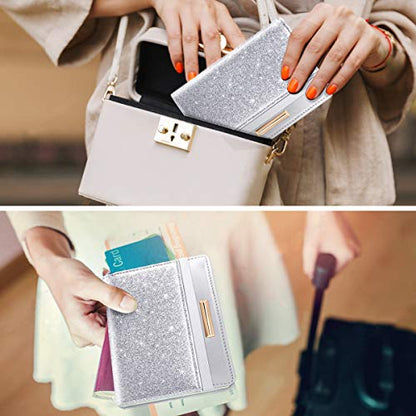 Coco Rossi Passport Holder for Travel Women Slim RFID Passport Cover Wallet - color: Glitter Silver