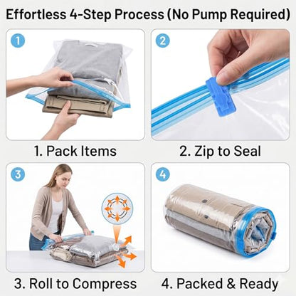 Compression Clear Bags 10 Pack for Travel Essentials, Roll Up No Vacuum Pump or Air Extractor Needed Space Saver Transparent Organizer, Reusable Storage Caddy for Clothes, Luggage, Closet, 20" x 16" - size: Small