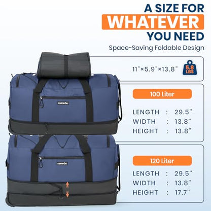 Fanwoli 120L Rolling Duffle Bag with Wheels, Foldable Travel Duffel - color: Blue