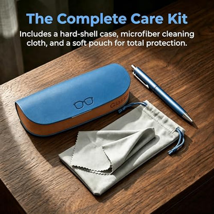 Glasses Case hard shell,3-in-1 Sunglasses Case & Eyeglass Case with Cleaning Cloth & Storage Pouch - color: Blue, size: Medium