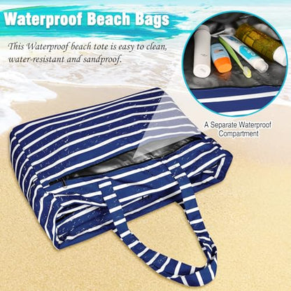 HUANLANG Extra Large Beach Bag Waterproof Beach Totes Bags for Women Men,Pool Bag with Zipper Wet Pocket - color: Dark Blue and White