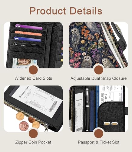 Owl Wallet Women RFID Bifold, Passport Holder, Credit Card Holder - color: Owls