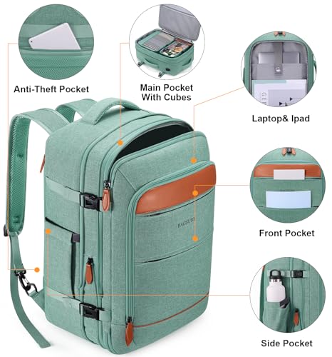 Travel Backpack Carry On Backpack 42L Flight Approved, Expandable Backpack - color: Green-brown (Backpacks With 4 Packing Cubes)