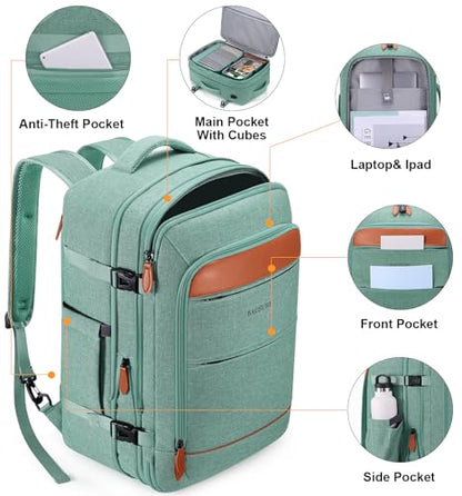Travel Backpack Carry On Backpack 42L Flight Approved, Expandable Backpack - color: Green-brown (Backpacks With 4 Packing Cubes)