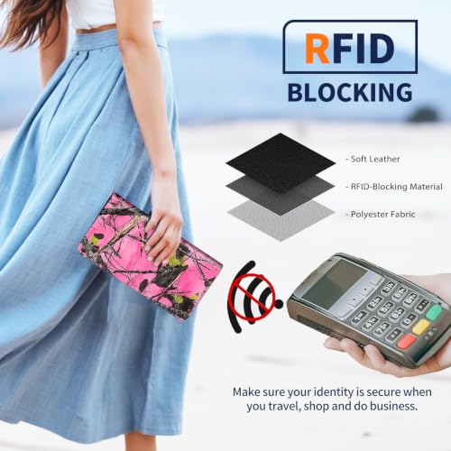 Passport Wallet for Women,Travel Wallet Passport Holder RFID Blocking - color: Pink Tree Branches