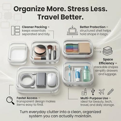 6 Pack Clear Hard Shell Zipper Case, See-Through Hard Plastic Organizer Pouches Zipper for Travel - Toiletries, Electronics, Pencils, Makeup, Secure Storage Design, 3 Sizes (2 Small/2 Medium/2 Large)