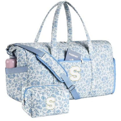 Personalized Quilted Duffle Bag for Travel Gym Weekender Hospital Carry On - color: Blue Flower, size: S
