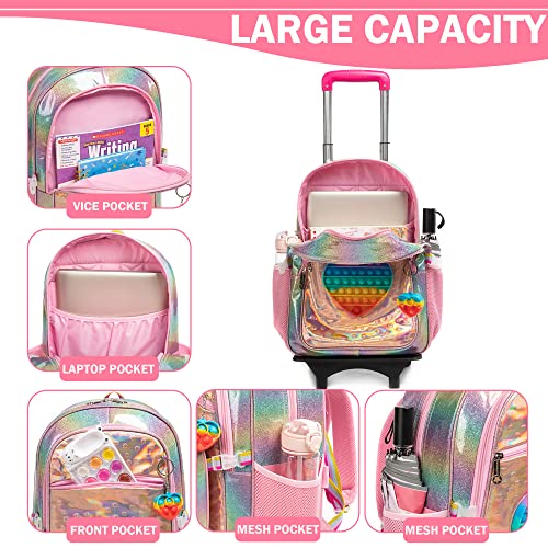 Meetbelify Girls Rolling Backpack Sequin Rolling Backpacks with Wheels for Girls for Elementary School Bag - color: Pu Love Roller