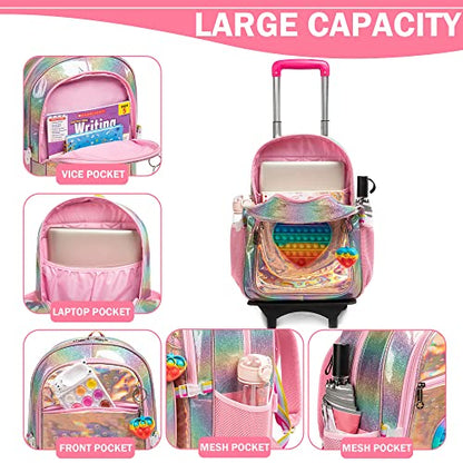 Meetbelify Girls Rolling Backpack Sequin Rolling Backpacks with Wheels for Girls for Elementary School Bag - color: Pu Love Roller