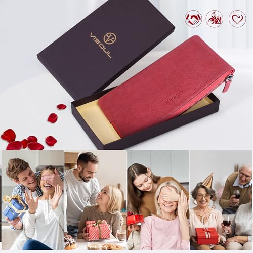 VISOUL Long Zipper Cash Wallet for Women with Removable Credit Card Holder, Soft Genuine Leather Clutch Wallet-Light Red - color: Light Red