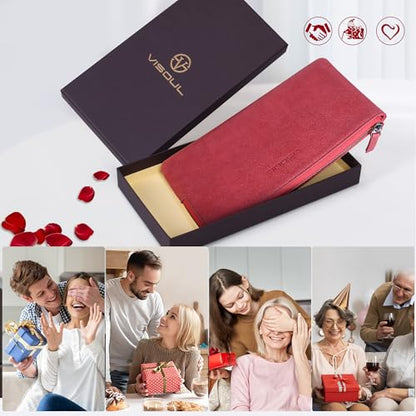 VISOUL Long Zipper Cash Wallet for Women with Removable Credit Card Holder, Soft Genuine Leather Clutch Wallet-Light Red - color: Light Red