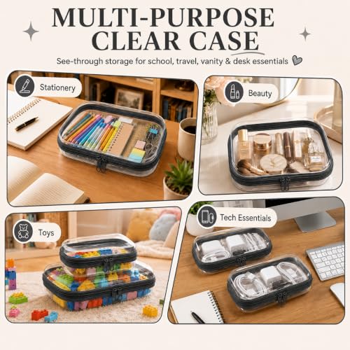 2 Pack Clear Hard Shell Zipper Case Travel Organizer for Makeup Toiletries - color: Black