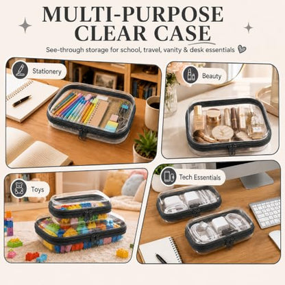 2 Pack Clear Hard Shell Zipper Case Travel Organizer for Makeup Toiletries - color: Black