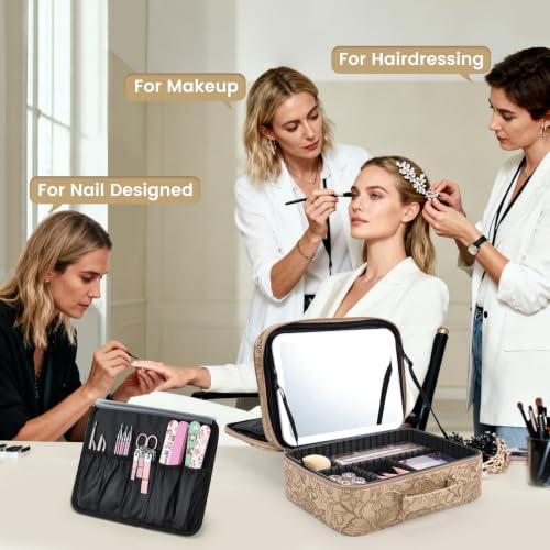 Makeup Bag with LED Lighted Mirror 12.2 IN Cosmetic Train Case Double Layer - color: 12.2 Inch Khaki Floral