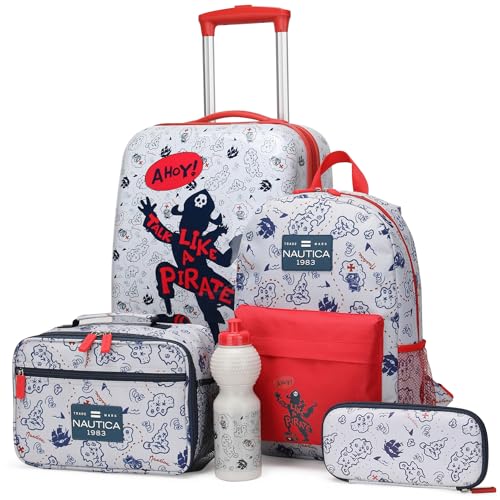 NAUTICA Kids Luggage - 18" Airline Approved Rolling Hardside Upright Carry-on Suitcase Set with Wheels (Pirate Ahoy | 5pc School Set) - color: Pirate Ahoy | 5pc School Set