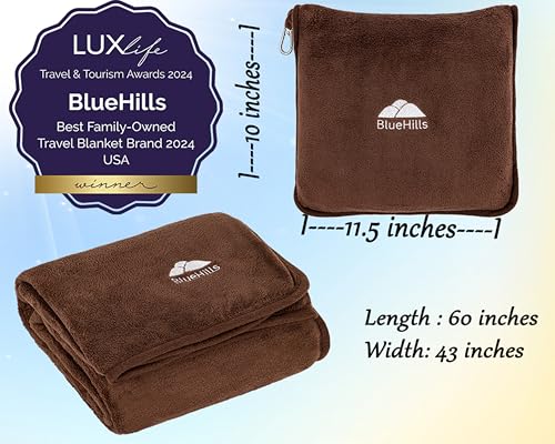 BlueHills Premium Soft Travel Blanket Pillow Air Plane Essentials - Brown - color: Brown-1pk-t009