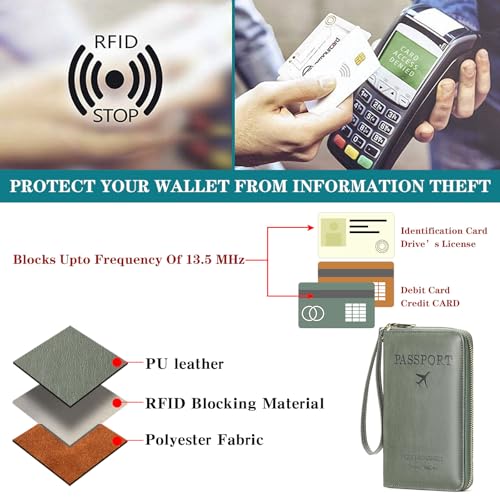 Leather RFID Blocking Passport Holder Travel Wallet, Passport Cover/Travel Wallet for Women/Men with - color: Grass Green