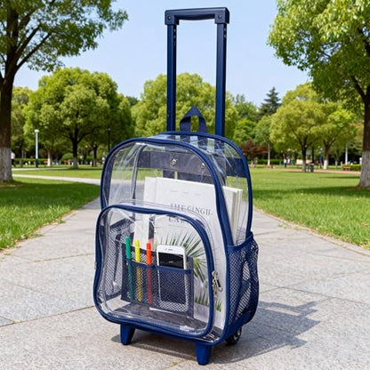 COVAX Rolling Clear Backpack, Heavy Duty See Through Bookbag, Transparent PVC Cold-resistant Backpack with Wheels (Navy) - color: Navy