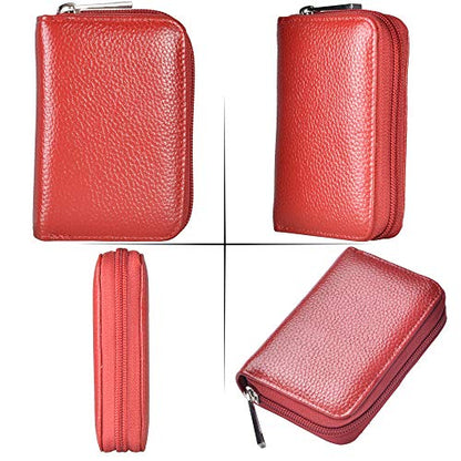 Easyoulife Genuine Leather Credit Card Holder Zipper Wallet With 26 Card Slots - color: Red, size: small