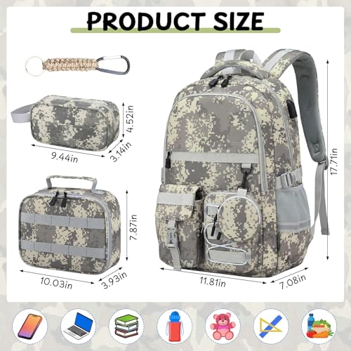 School Backpack for Boys - 5pcs Camo Boys Backpack with Lunch Box Set for Kids Teens Elementary Middle High School,18″ Large Capacity Students Bookbag - color: Gray-backpack Set